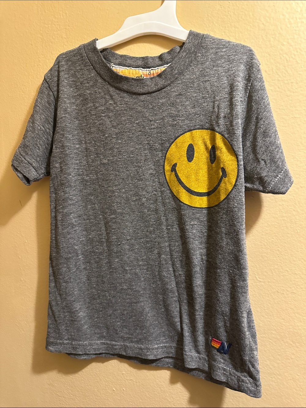 Aviator Nation Kids Gray Tee with Yellow Smiley Pocket ( SMALLL PIN HOLE )